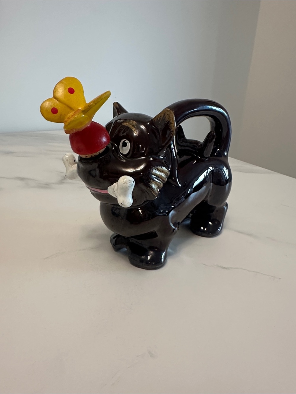 Vintage Mid Century Smith Western Brown Glazed Ceramic Dog w/Butterfly Stopper